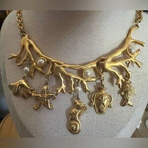 Gold Tone Coral Branch Necklace with Faux Pearl Accents